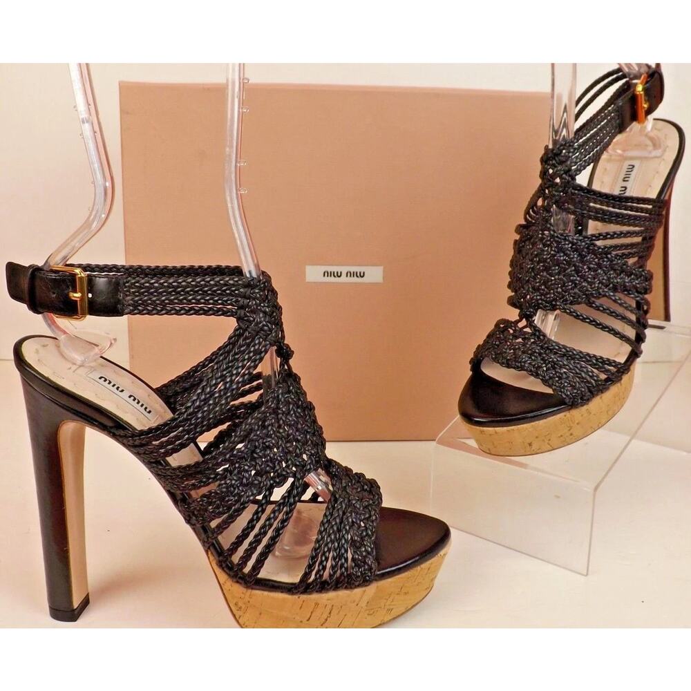 NIB MIU MIU PRADA 5XP277 BRAIDED PATENT LEATHER PLATFORM SANDALS PUMPS 39.5
